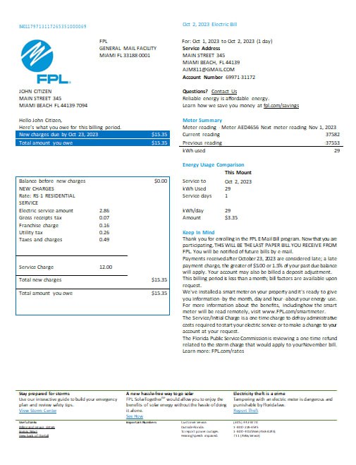download USA Florida FPL  electricity  utility bill Word and PDF formats, version 2 PDF template